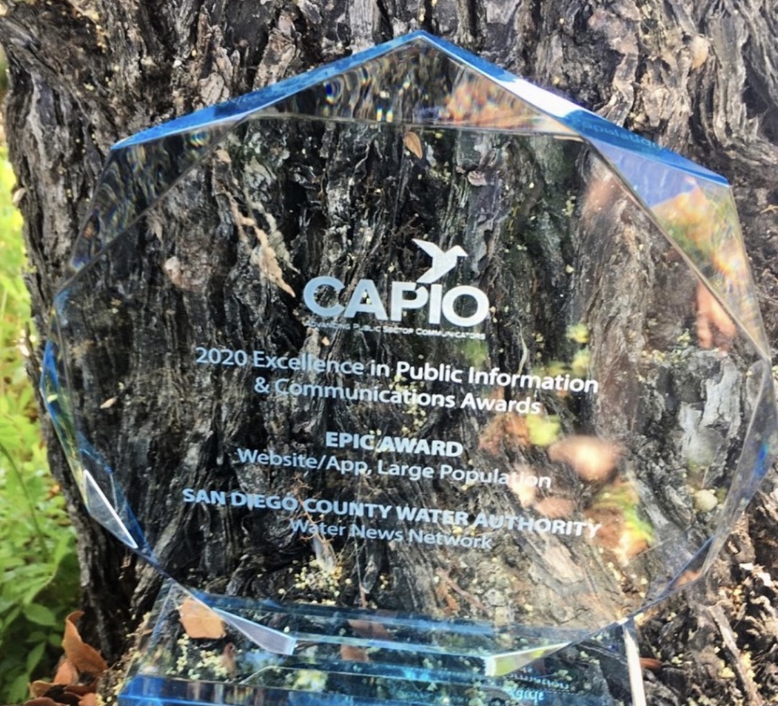 A clear glass award with the title “2020 Excellence in Public Information and Communications Awards”.