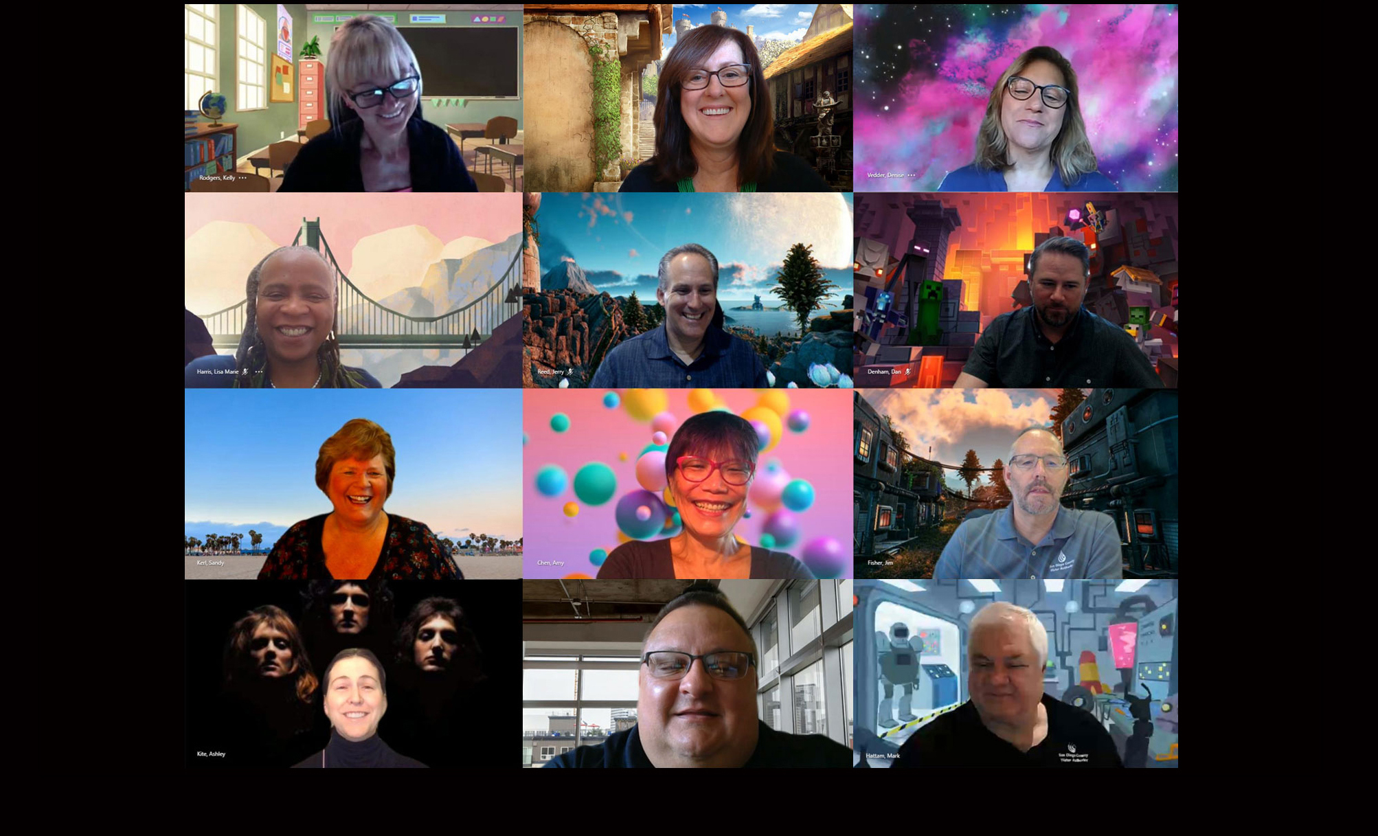 Twelve department heads at the Water Authority are shown in a screenshot of a virtual meeting with fun background images.