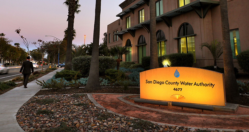 A photo taken in the evening of the Water Authority headquarters building in Kearny Mesa.
