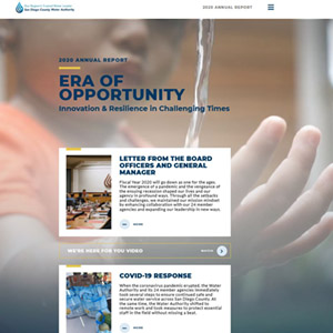 annual report homepage with background video of boy holding hand in dripping water